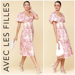 🌸 Avec Les Filles, Rococo Floral Twist Bodice Puff Sleeve Linen Blend Midi Dress